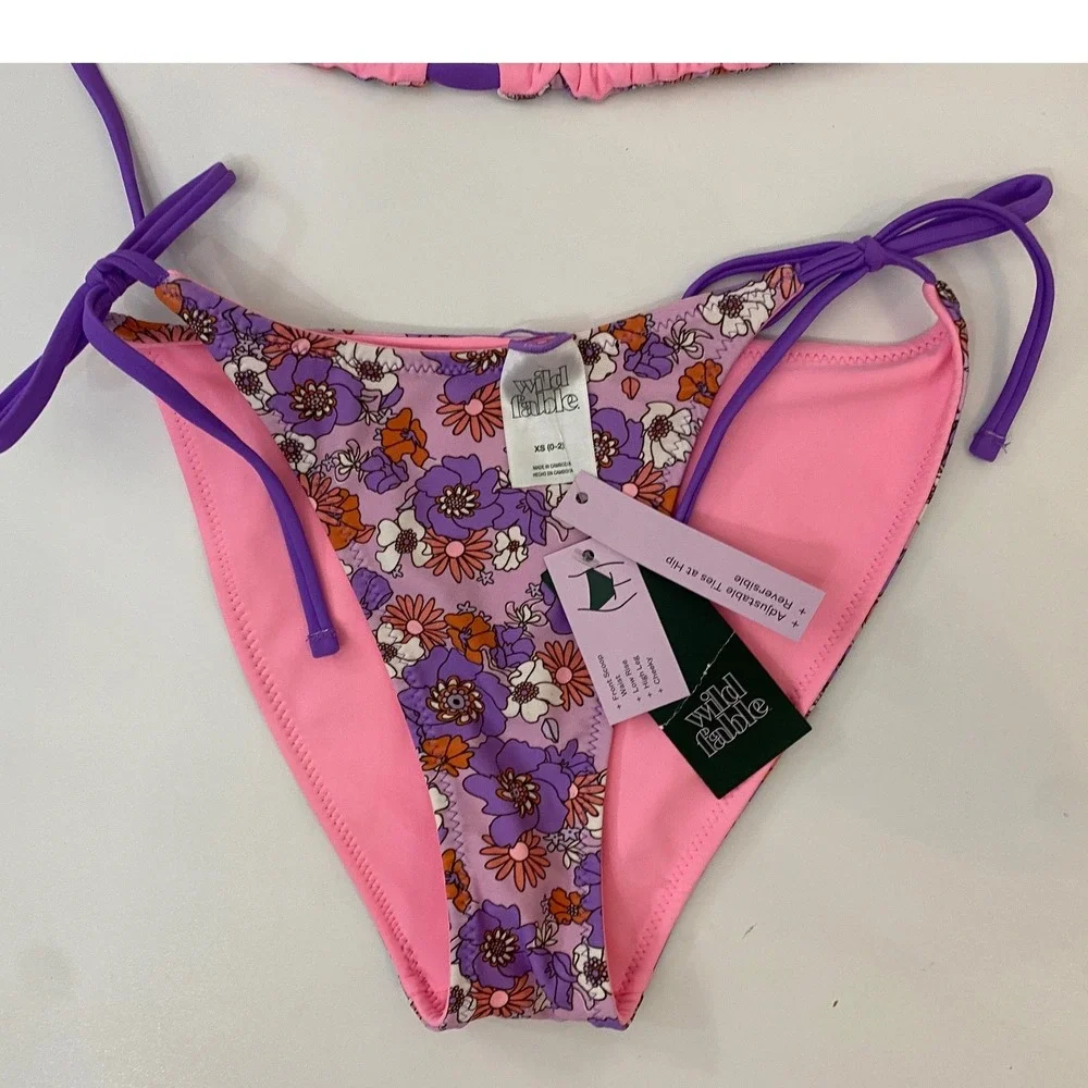 Wild Fable Reversible Floral Bikini Set XS Purple Pink Triangle Top Tie Bottoms